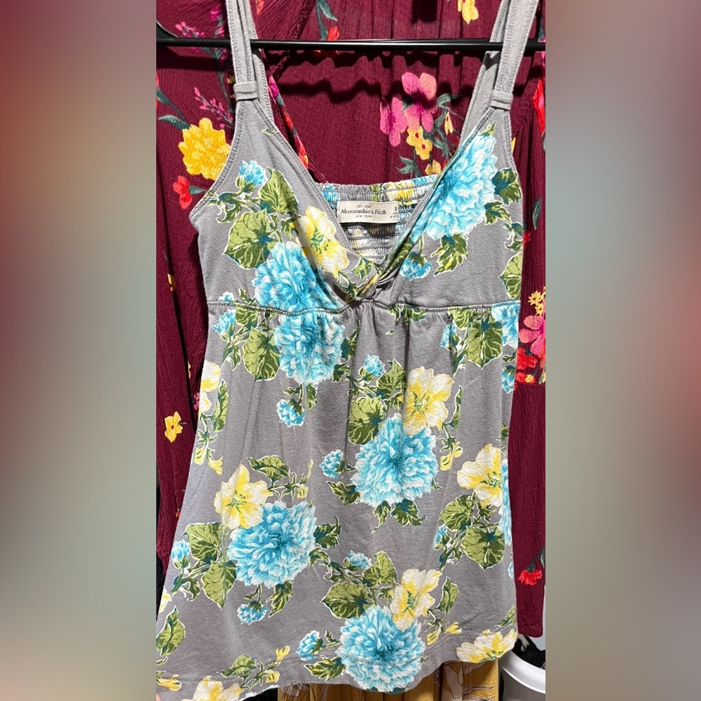Abercrombie & Fitch Gray Babydoll Tank Top with Blue and Yellow Floral Design